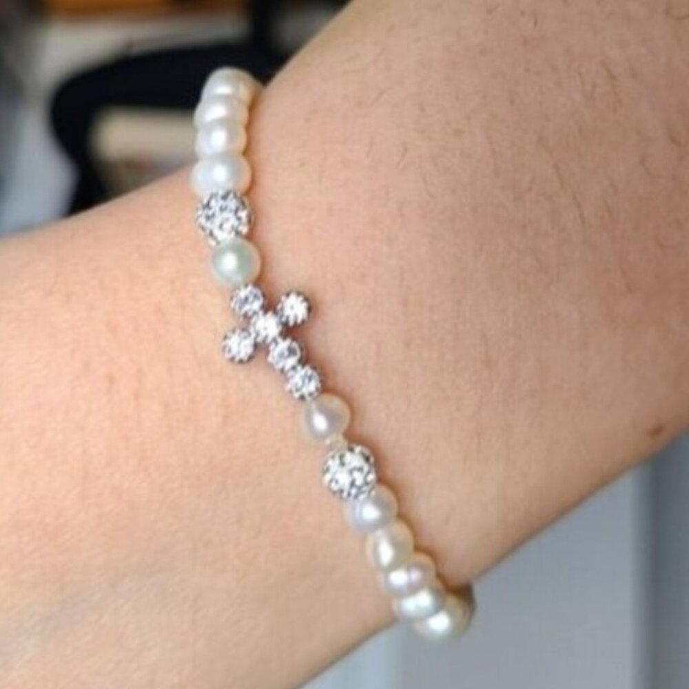 Beautiful Beaded White Pearl Silver Crystal Cross Feminine Dainty Bracelet